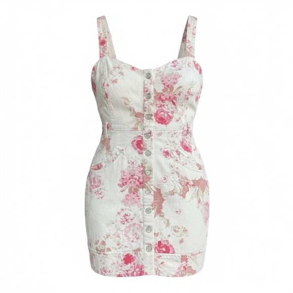 For Love &‎ Lemons Weston Floral Button Front Denim Mini Dress Pink White SMall